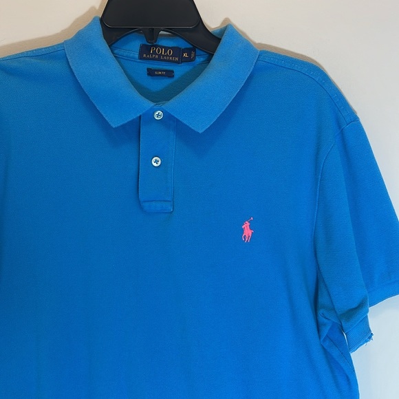 POLO by Ralph Lauren Blue with Pink Pony Slim Fit Short Sleeve Size XL - Picture 2 of 7